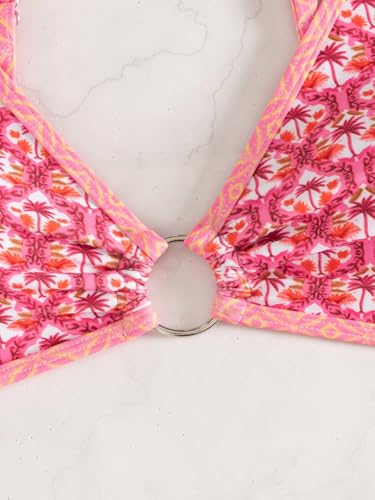 Image of Fanuerg Women's Triangle Bikini Sets O Ring Linked Two Piece Swimsuits Floral Printed Cheeky Bathing Suit