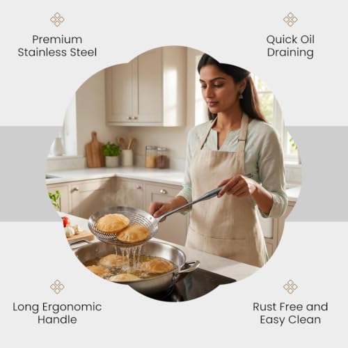 Image of Stainless Steel Oil Skimmer Jhara for Deep Frying | Heavy Duty Puri Pakora Frying Strainer | Long Handle Oil Drain Spoon | Rust Free Kitchen Skimmer