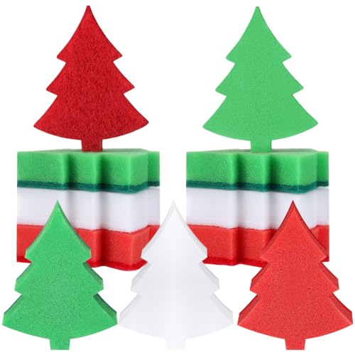 Image of Tioncy 12 Pack Kitchen Sponges Bulk Dual Sided Scrubber Sponges Dishwashing Kitchen Cleaning Accessories for Household Supplies(Christmas Tree, Red, Green, White)