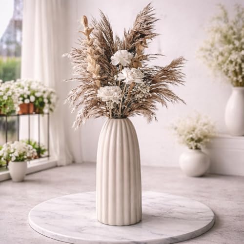 Image of Ceramic Vase for Home Decor, Off White Flower Vase for Living Room, Nordic Decorative Vase for Pampas Grass, Dry Flowers & Table Decor (Fluted Cylinder)