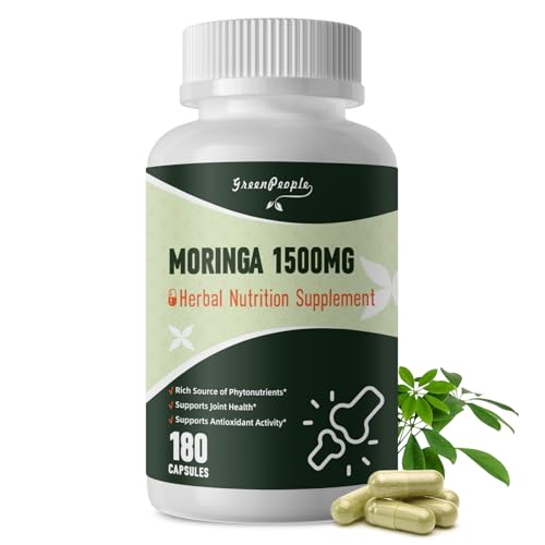 GREENPEOPLE Whole-Leaf Moringa Capsules 1500mg - High Potency 10:1 Moringa Oleifera Leaf Extract - Natural Green Superfood for Energy & Immune Support - Vegan Non-GMO Caffeine Free - 180 Count