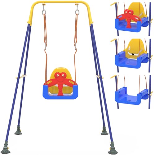 HAPPYMATY 3-in-1 Toddler Swing Set, Baby Swing with Safety Belt, Indoor/Outdoor, Easy to Assemble Kids Swing Seat with Sturdy Metal Stand for Playground, Backyard and Nursery, Blue Yellow
