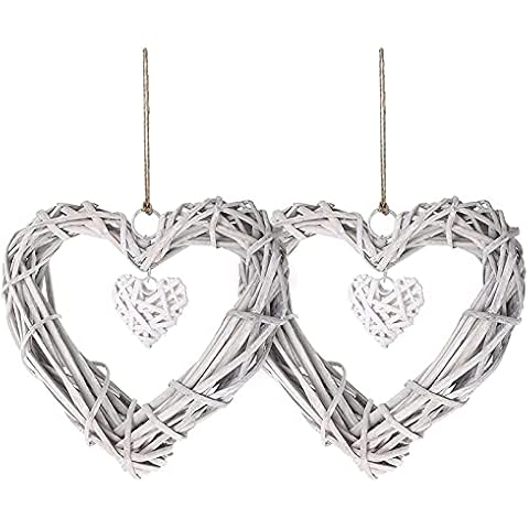 Splend Pack of 2 Willow Wreath, Heart Wicker Wreath Decor, Heart Wreath Hanging, Handmade Rattan Heart Shape Craftsman for Photo Wall Display Decor DIY Decoration Hanging Wall Decor Frame Grey White Cover