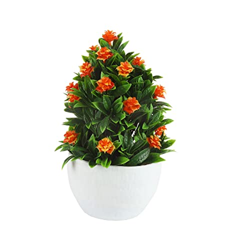 Image of Foliyaj Artificial Plant with Orange Roses in White Pot for Interior Decor | Faux Plant for Desks, Shelves and Side Tables for Your Home and Office | Fake Plants for Indoor Decoration