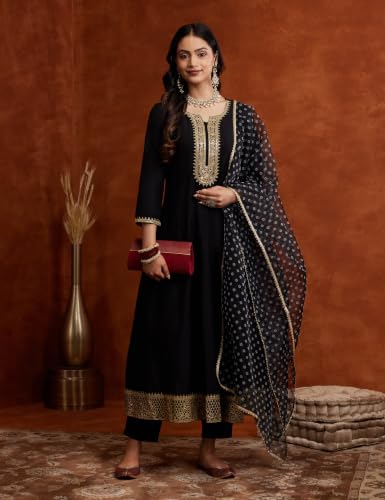 Image of Amazon Brand - Myx Women's Embroidered Anarkali Kurta Pant Set with Organza Dupatta | A-line fit (Available in Plus Sizes)