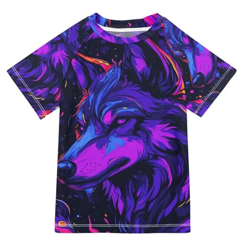 Boys Short Sleeve T-Shirts Wolf Galaxy Purple Rashguard Kids Swim Shirts Sun UPF 50+