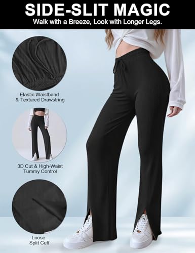 Image of Venzina Track Pants for Women Joggers Pants for Women Cool Touch High Waisted Wide Leg Summer Palazzo Pants with Side Slit Slimming Breathable for Yoga Workout Travel