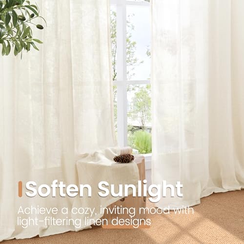 Image of BGment Ivory Linen Curtains 84 Inches Long 2 Panels Set for Living Room | Semi Sheer Light Filtering Drapes with Rod Pocket Textured Lightweight Window Treatments for Dining Bedroom, 52 X 84 Inch