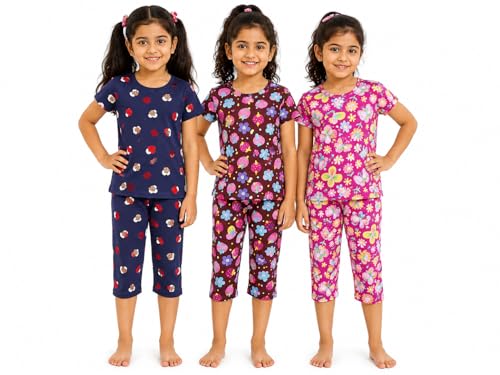 Image of NammaBaby Girl's Cotton Graphic Print Night Suit and Payjama Set - Multipack
