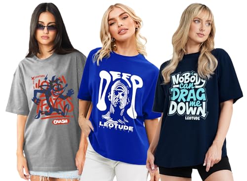 Image of LEOTUDE Women Cottonblend Oversized Baggy Fit Half Sleeve Round Neck Multicolor Combo T-Shirt for Women & Girls (Pack of 3)