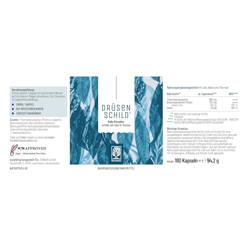 NATURTREU® Jod Selen Komplex Kapseln - 150µg Jod aus Braunalgen (Kelp Extrakt) mit Selen und Thymian - Hochdosiert, natürlich und vegan - 180 Kapseln