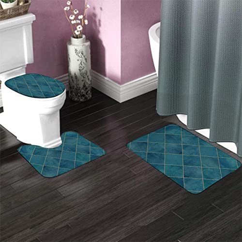 Badezimmerteppich-Set, 3-teilig, Aquarell, Argyle, abstraktes geometrisches Karomuster, nahtlos, waschbare Badeteppiche, rutschfest, mit Rückenpolster, Konturteppich und Toilettendeckelbezug – Bild 4