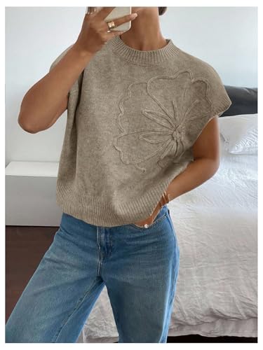 Image of SOLY HUX Women's Short Sleeve Sweater 3D Floral Sweaters Pullover Tank Tops Knit Vest Trendy Fashion Clothing