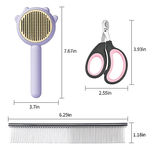 Image of Pet Hair Cleaner Brush Cat Grooming Brush Cat Nail Clipper Release Button Cat Comb wololith Stainless Steel Teeth for Shedding Hair Cats Dogs Massage Brushes (Purple)