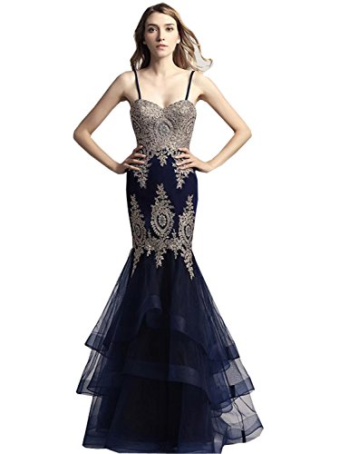 Sarahbridal Womens Tulle Mermaid Evening Dress Formal Long Beaded Sequin Applique Lace Prom Dress Navy Blue US4