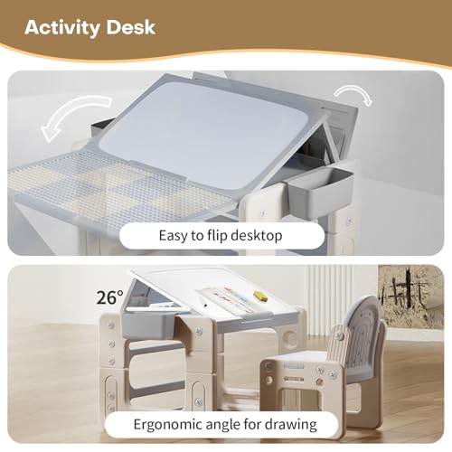 Toddler-Table-and-Chair-Set-4-in-1-Activity-Table-with-100-pcs-Building-Block-Kids-Drawing-Table-Learning-Table-with-Adjustable-Height-Kids-Table-and-Chair-Set-for-Boys-Girls-Gray Toddler Table and Chair Set 4 in 1 Activity Table with 100 pcs Building Block Kids Drawing Table Learning Table with Adjustable Height Kids Table and Chair Set for Boys Girls Gray