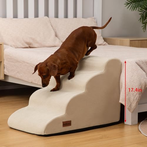 Image of Aodisman Dog Steps for Bed or Couch,4-Step Pet Stairs Ramp for Small Dogs | 17.4 inch H Indoor Non-Slip Dog Stairs Help Senior Dogs,Short-Legged Breeds,Puppies and Cats to Reach Beds and Chairs,Grey,Beige