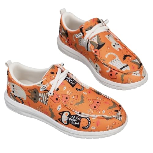 Women's Fashion Halloween Canvas Sneakers,Pumpkin Skeleton Printed Low Top Lace up Walking Shoes Breathable Casual Comfortable Flat Slip-On Shoes Indoor Outdoor