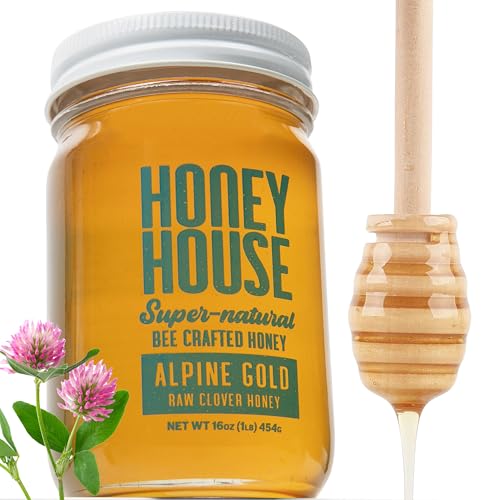Honey House 100% Raw, Pure, Natural & Unfiltered Clover Honey, Glass Only, 12oz volume, 16oz (1lb) weight, American Honey from American Bee Farmers.