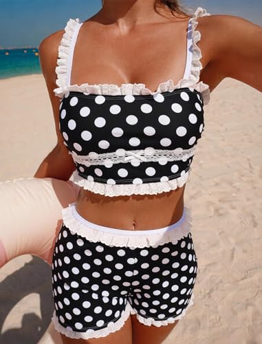 Image of ZAFUL Womens High Waisted Bikini Sets 2 Piece Plaid Ruffle Swimsuits Back Strap Top with High Waisted Shorts Bathing Suit