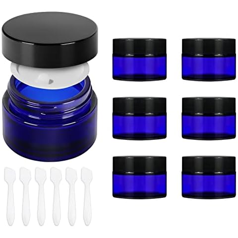 6 Pack 30ml Blue Glass Jars with Lids,1 oz Empty Cosmetic Jars for Face Cream Travel Containers,Yishik Round Sample Storage Jars with White Inner Liners Cover