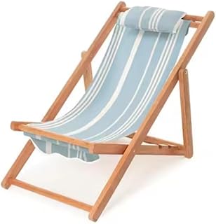 Children’s Vintage Sun Lounger Sling Chair | Wooden Frame with Canvas Fabric | Outdoor Folding Deck Chair for Kids Ages 5+ | Portable & Lightweight for Backyard, Poolside, or Beach (Skyline Stripe)