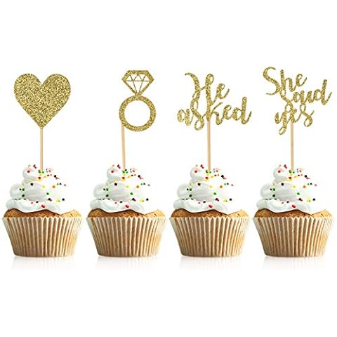 Donoter 48 Pcs Gold He Asked She Said Yes Cupcake Toppers Diamond Ring Heart Cake Picks for Wedding Engagement Party Cake Decorations Cover