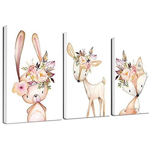 Image of Peinneis Cute Child Poster Baby Nursery Wall Art Print Fox Deer Bear Bunny Lion Woodland Animal Canvas Painting Picture Nordic Kids Baby Bedroom Decoration Frameless (16x24inch(40x60cm),Style 8)