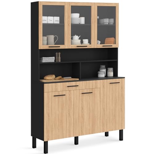 IDMarket - Buffet de Cuisine vitré 120 CM CINA 6 Portes + tiroir Noir et façon hêtre