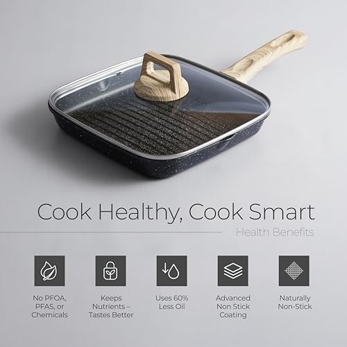 Image of Lifelong Diecast Aluminium Square Grill Pan 25cm with Wooden Spatula & Glass Lid | 1.2L, 1.56kg |Even Heat Distribution, Toxin & Teflon Free, Non-Stick & Durable | Perfect for Fish,Omelettes & Veggies