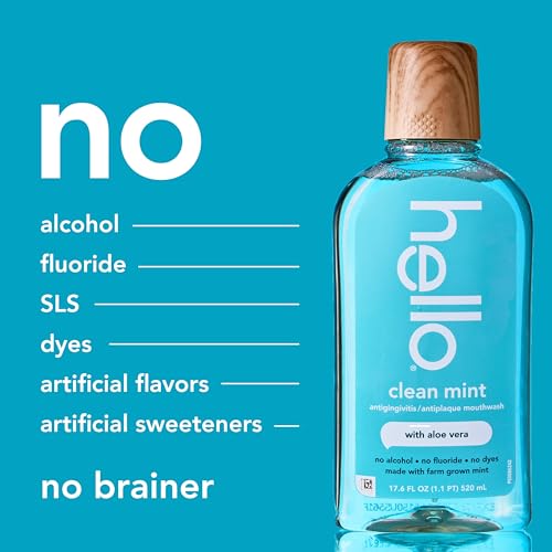 Image of Hello Clean Mint Alcohol Free Mouthwash with Aloe Vera, 17.6 Fl Oz, Antigingivitis Gum Mouthwash with Farm Grown Mint, Fluoride Free, No Alcohol for Zero Burning, Vegan, Minty Oral Rinse, 3 Pack