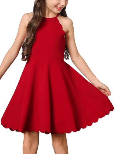 SHENHE Girl's Scallop Trim Halter Sleeveless Flare Hem Solid A Line Mini Dress