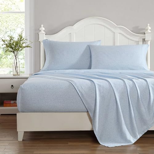 Image of Laura Ashley - Queen Size Sheet Set, Soft Cotton Sateen Bedding with Fitted Sheet and Pillowcases, Floral Bedroom Decor, Deep Pocket, College Dorm Room Essentials (Little Vines Blue)