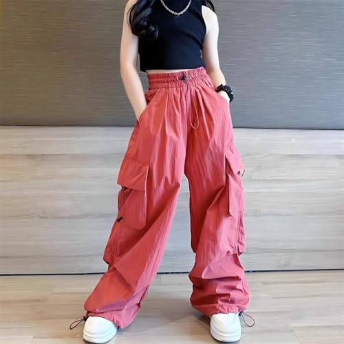 Kids Girls Baggy Cargo Jeans Relaxed Wide Leg Elastic High Waist Solid Color Comfy Casual Trousers with Pockets4