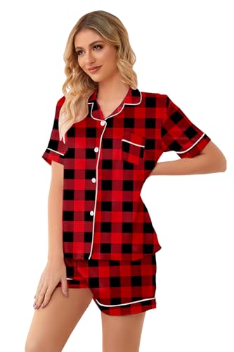 Image of Schbbbta Pajamas for Women, Satin Silky Pjs 2 Pcs Set Button-Up Short Sleeve with Chest Pocket Christmas Sleepwear Soft Loungewear, Red Black Plaid, X-Small