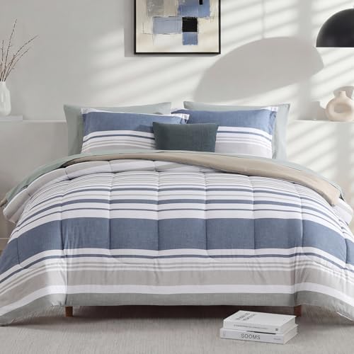 Image of Monbix Full Size Comforter Set - 7 Pieces Bed in a Bag Full, Ocean Blue-Stripe Bedding Sets, All Seasons Comforter Bed Set with Sheets, Pillowcases & Shams