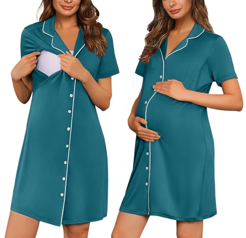 Image of Ekouaer Button Down Nursing Nightgown V Neck Breastfeeding Dress Short Sleeve Classic Maternity Pajamas