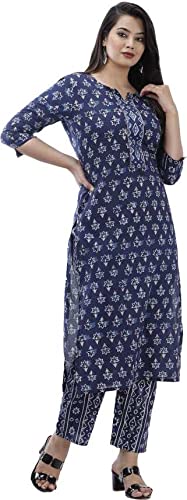 Image of Women Rayon Straight Golden Foil Printed Kurta with Palazzo || Kurti with Palazzo Set for Casual Party & Festival Wear in Round Neck with 3 /4 Sleeve for Girls (Color-Blue, Size, M)