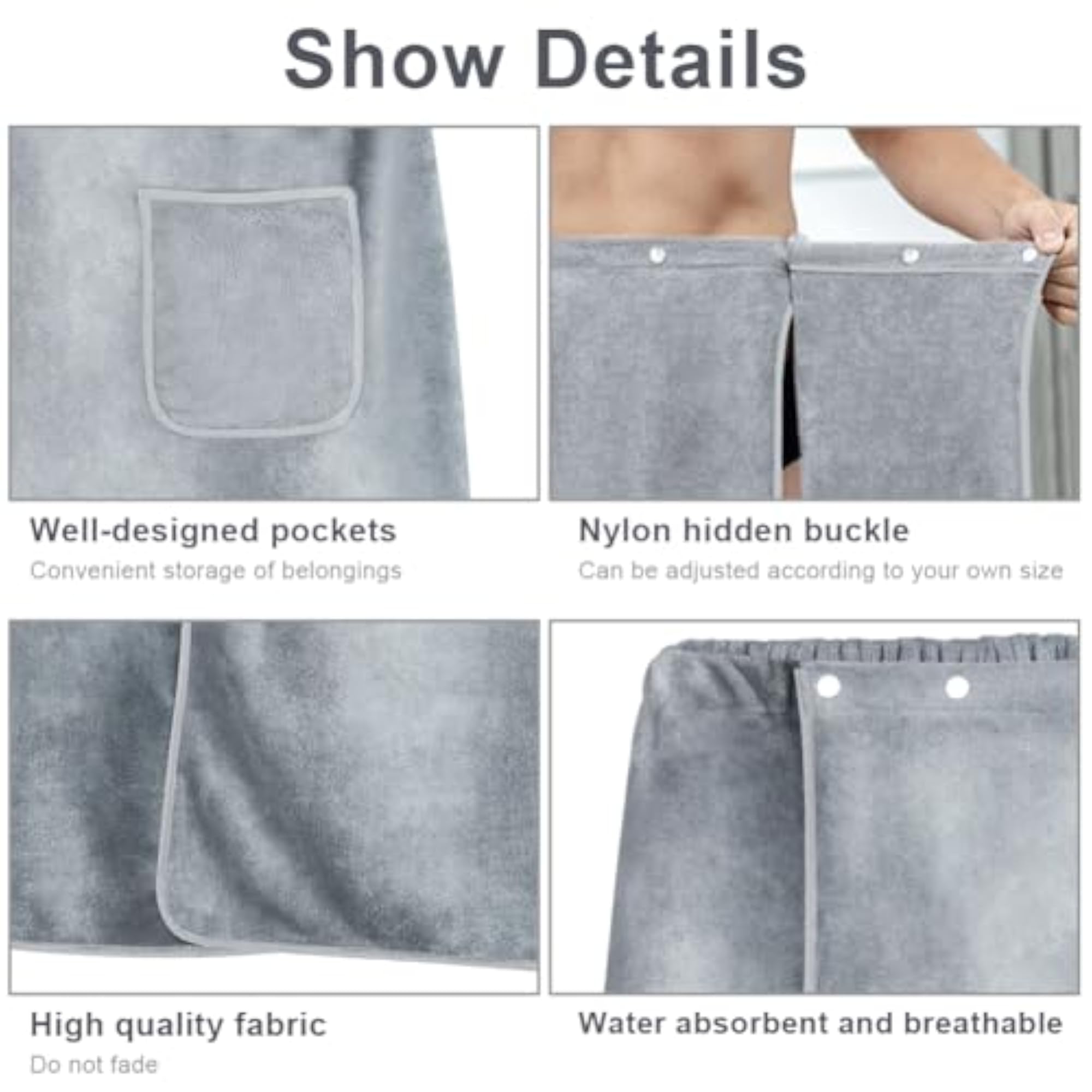 Men's Adjustable Sauna Kilt Towel, Grey