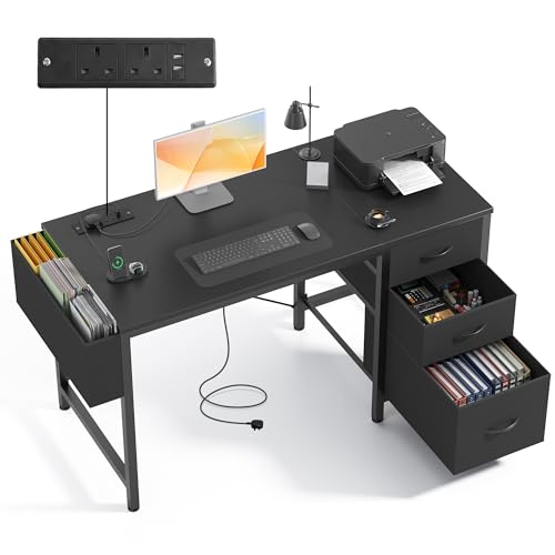 Claiks Computer Desk with Drawers, 120x60cm Office Desk with Storage Bag and USB Charging Port & Power Outlet, Workstation for Study Play Work Home Office, Black