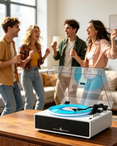 Image of Record Player with Built-in Four Stereo Speakers, Three LED Lighting Modes, AT-3600L Cartridge, All-in-one Vinyl Record Player Support Bluetooth Playback Auto Stop 33&45 RPM Speed RCA Out AUX in White