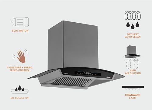 Image of Sujata 75cm Auto Clean Kitchen Chimney | 15 Years BLDC Motor Warranty & 5 Years Comprehensive Warranty| 12 Gesture & Touch Control, Powerful Suction, Low Noise, Wall Mounted, LED Panel(Quartz-Black)
