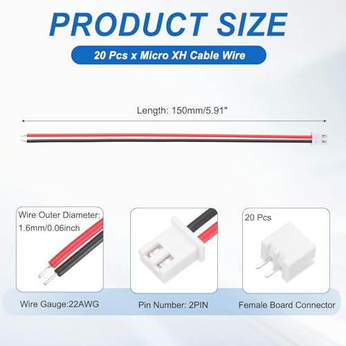 Kit de 20 conectores XH 2.54mm 2 pines con cable 22 AWG 150mm miniatura 2