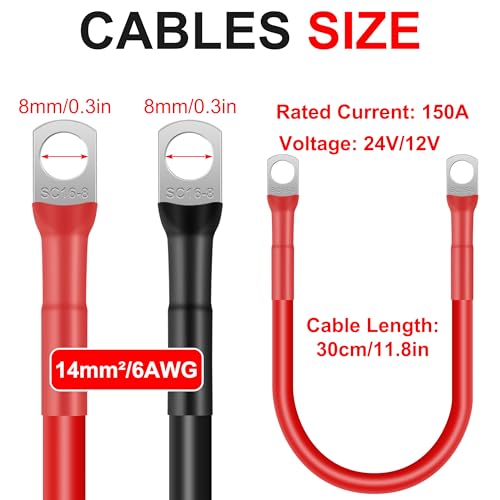GUNGY kable akumulatorowe 14mm² 30cm kabel do akumulatora 12V 6AWG miedziany z kleszczami M8 do samochodu, motocykla, jednostki morskiej, solarnej, kolor: czarny i czerwony, 2 sztuki