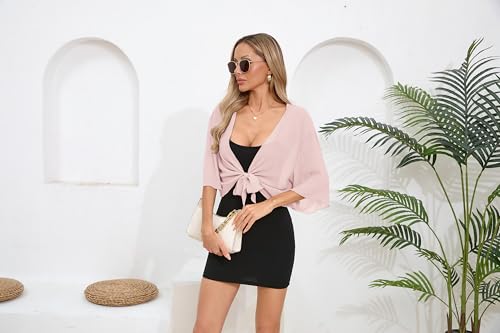 Image of TASAMO Women's 2026 Summer Lightweight Short Bolero Cardigan Shrug Sheer Tie Front Top 3 /4 Sleeve Jacket for Dress