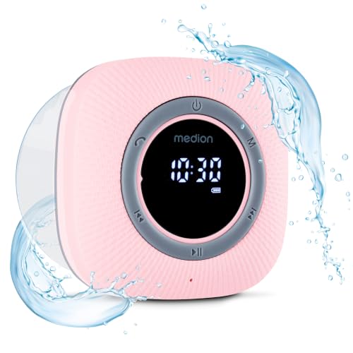 MEDION S66884 Duschradio mit Bluetooth (Badradio UKW Radio Saugnapf LED-Display IPX6 Wasserdicht integrierter Akku MD43884) pink