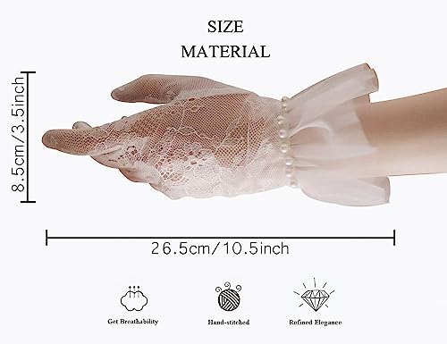 GRYUIRY Short Lace Mesh Gloves Tulle Border with Pearls Wedding Opera Tea Party Gloves for Women Formal