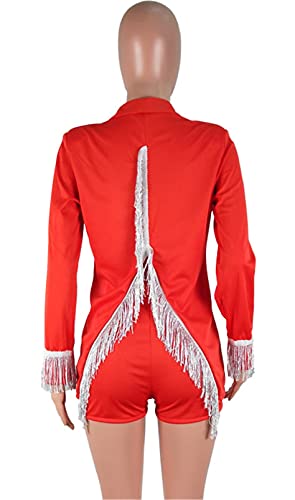 Womens Sexy 2 Pieces Back Slit Tassel Blazer Jackets Bodycon Shorts Party Casual Elegant Business Suit Outfits Set(Tassel red,L)4