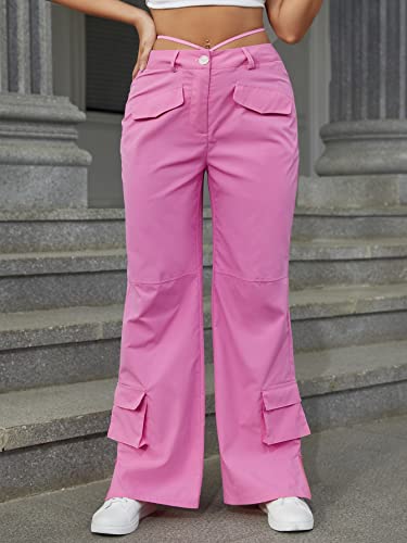 WDIRARA Women's High Waisted Tie Back Split Hem Cargo Pants with Flap Pockets4
