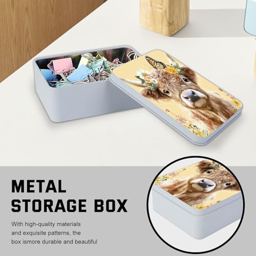 Image of Metal Tin Box with Lid for Game Cards Home Organizer Candles Keys Crafts Storage - Equipped with 4 Magnetic Cord Clips,Cute Cow Butterfly